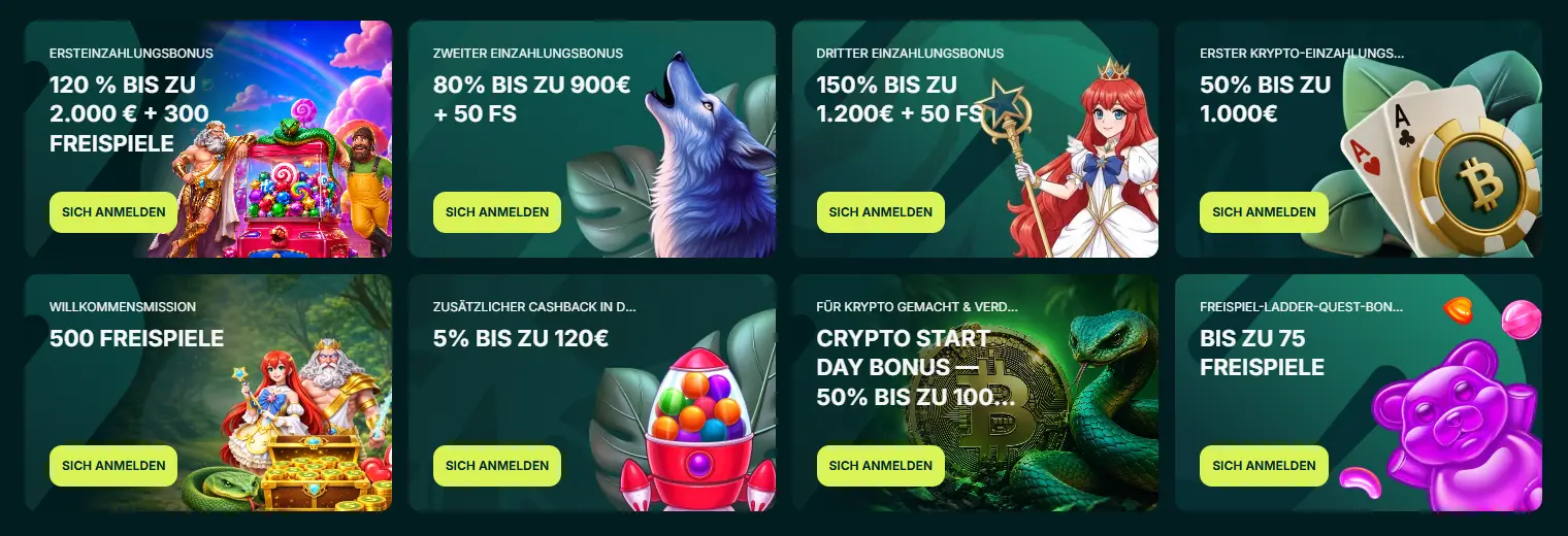 Spinaconda Casino Aktionsbereich mit Einzahlungsboni und Krypto-Angeboten