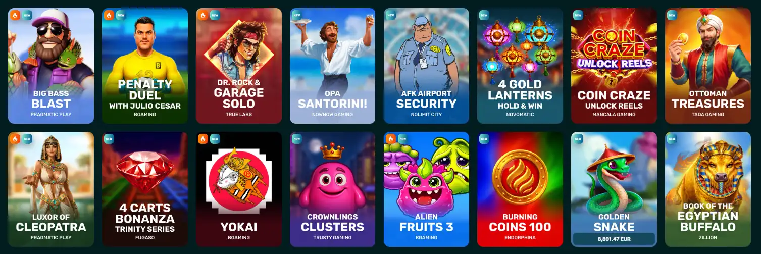 Spinaconda Casino Slot-Lobby mit beliebten Spielautomaten