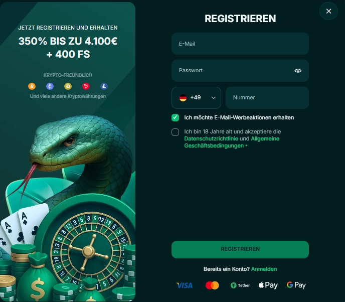 Spinaconda Casino Registrierungsformular für neue Spieler